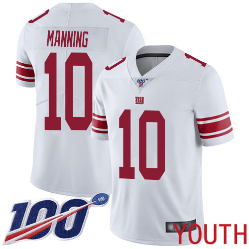 Youth New York Giants #10 Eli Manning White Vapor Untouchable Limited Player 100th Season Football NFL Jersey->youth nfl jersey->Youth Jersey